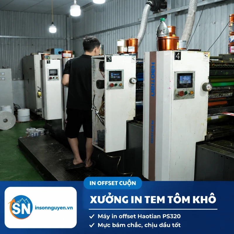 máy in offset cuộn Haotian PS320 sản xuất tem nhãn tôm khô tại xưởng Sơn Nguyên
