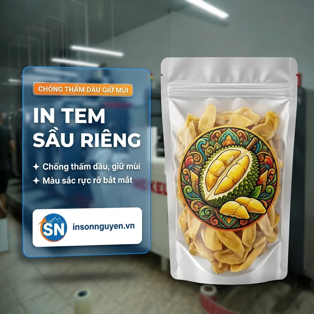 in tem sầu riêng decal chống thấm dầu giữ mùi màu sắc rực rỡ tại xưởng Sơn Nguyên