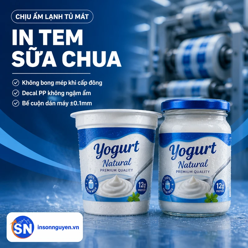 in tem sữa chua decal PP chịu ẩm lạnh không bong mép tủ mát tại xưởng Sơn Nguyên