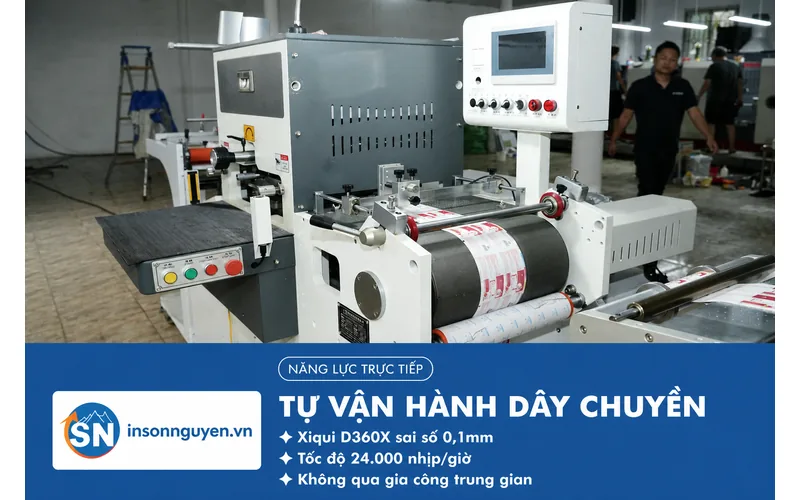 Máy bế cuộn Xiqui D360X tại xưởng in tem nhãn Đại Thanh