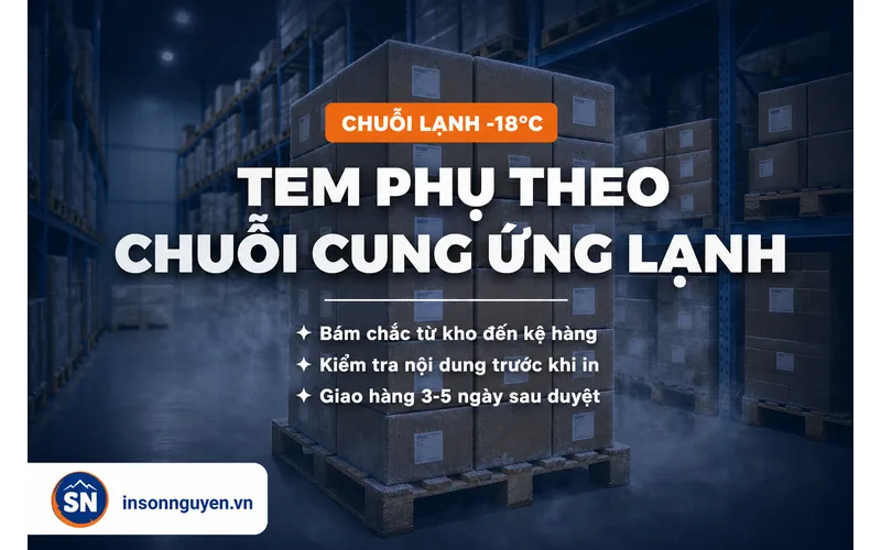 Thùng carton thực phẩm đông lạnh dán tem phụ xếp trên pallet trong kho lạnh
