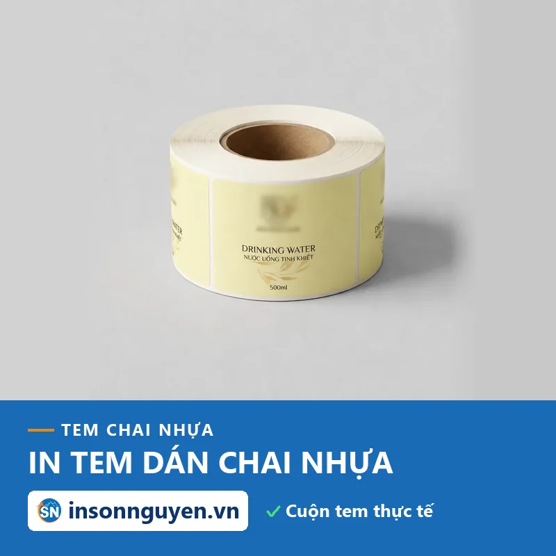 cuộn tem dán chai nhựa nước uống đã in tại xưởng Sơn Nguyên