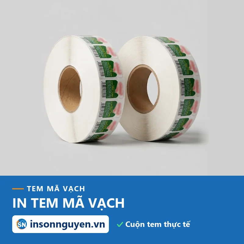hai cuộn tem có dải mã vạch đã in tại xưởng Sơn Nguyên